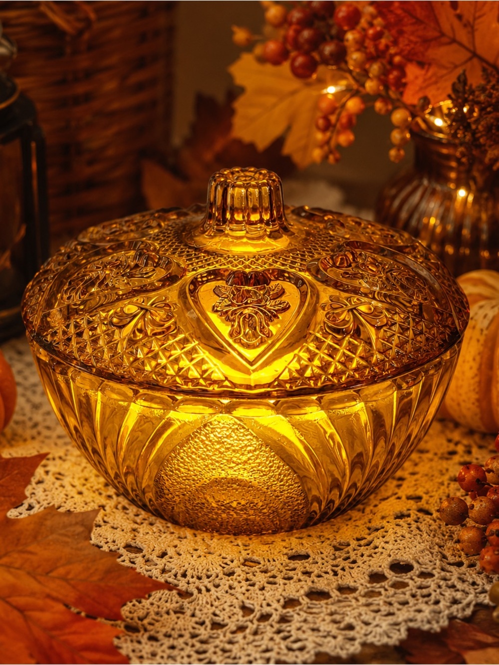 Vintage Amber Glass Candy Dish Fairy Lamp Cottagecore Decor